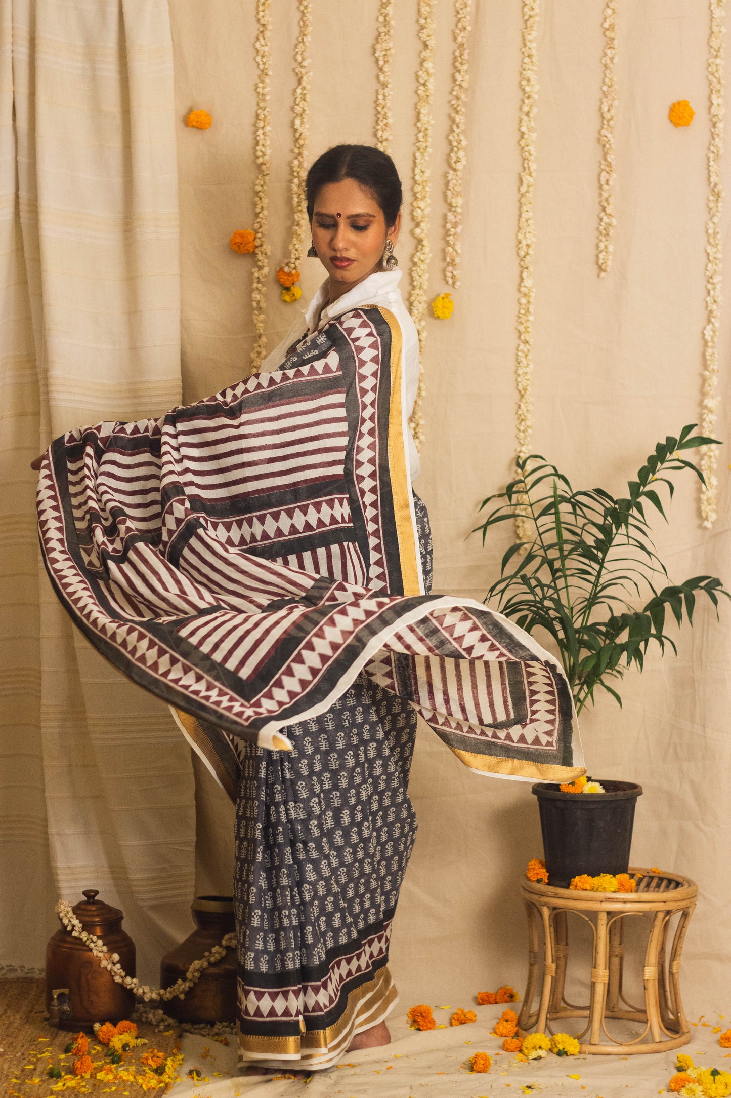 Mul Cotton Block Printed Saree • Dusky n Dark