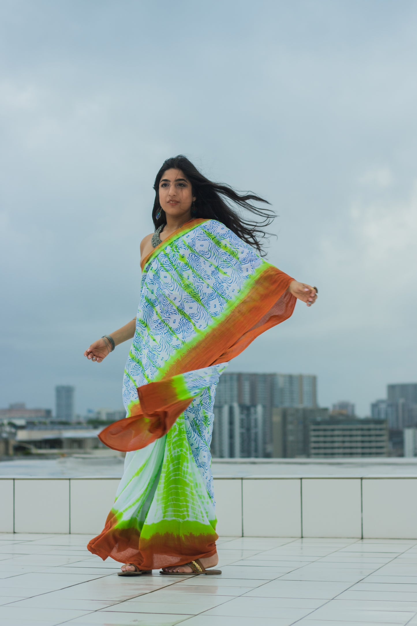 Mul Cotton Tie Dye Hand Block Printed Saree • Earth & Water