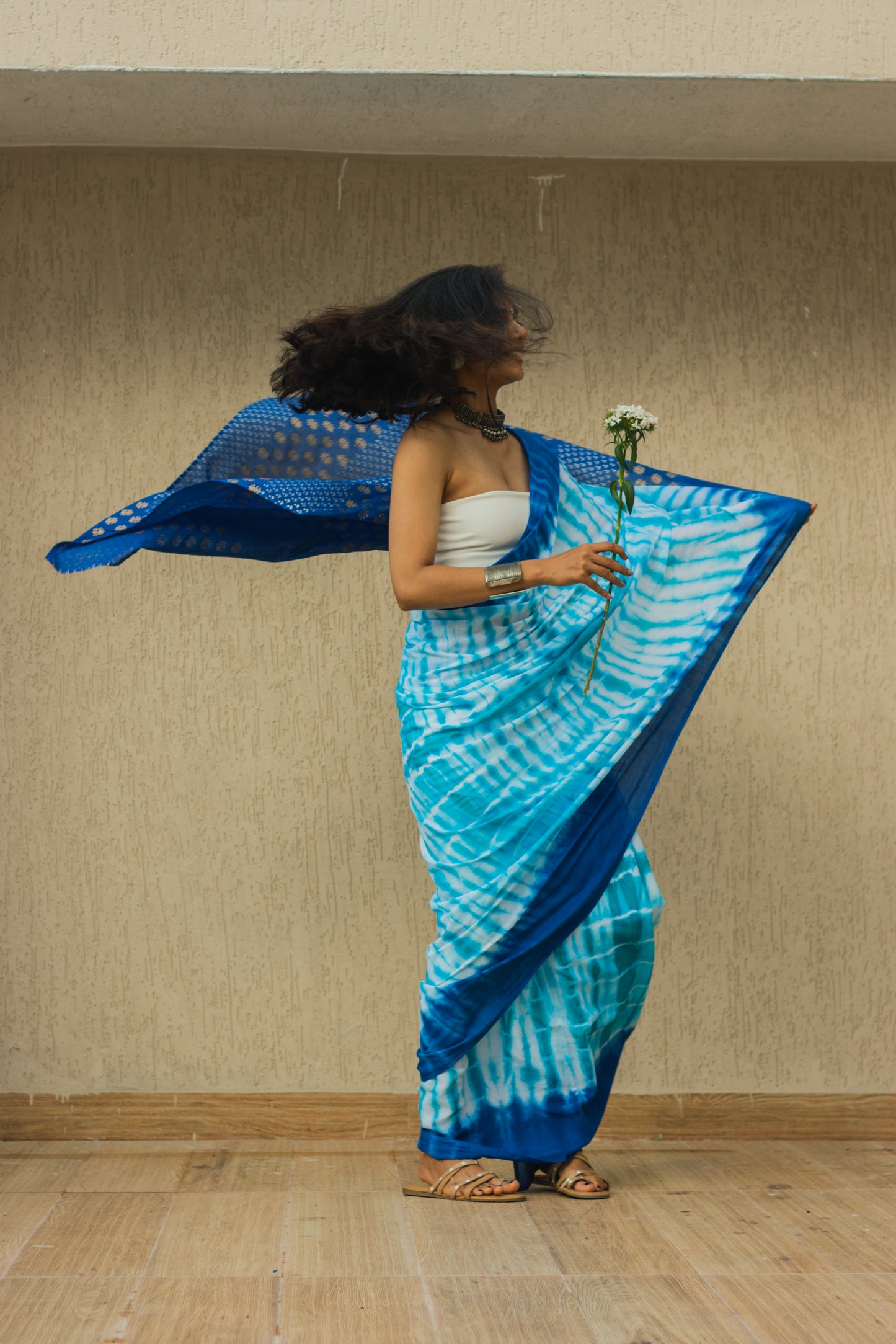 Mul Cotton Tie Dye Hand Block Printed Saree • Ocean Waves