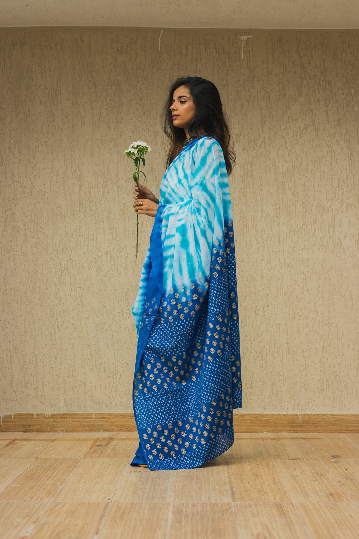 Mul Cotton Tie Dye Hand Block Printed Saree • Ocean Waves