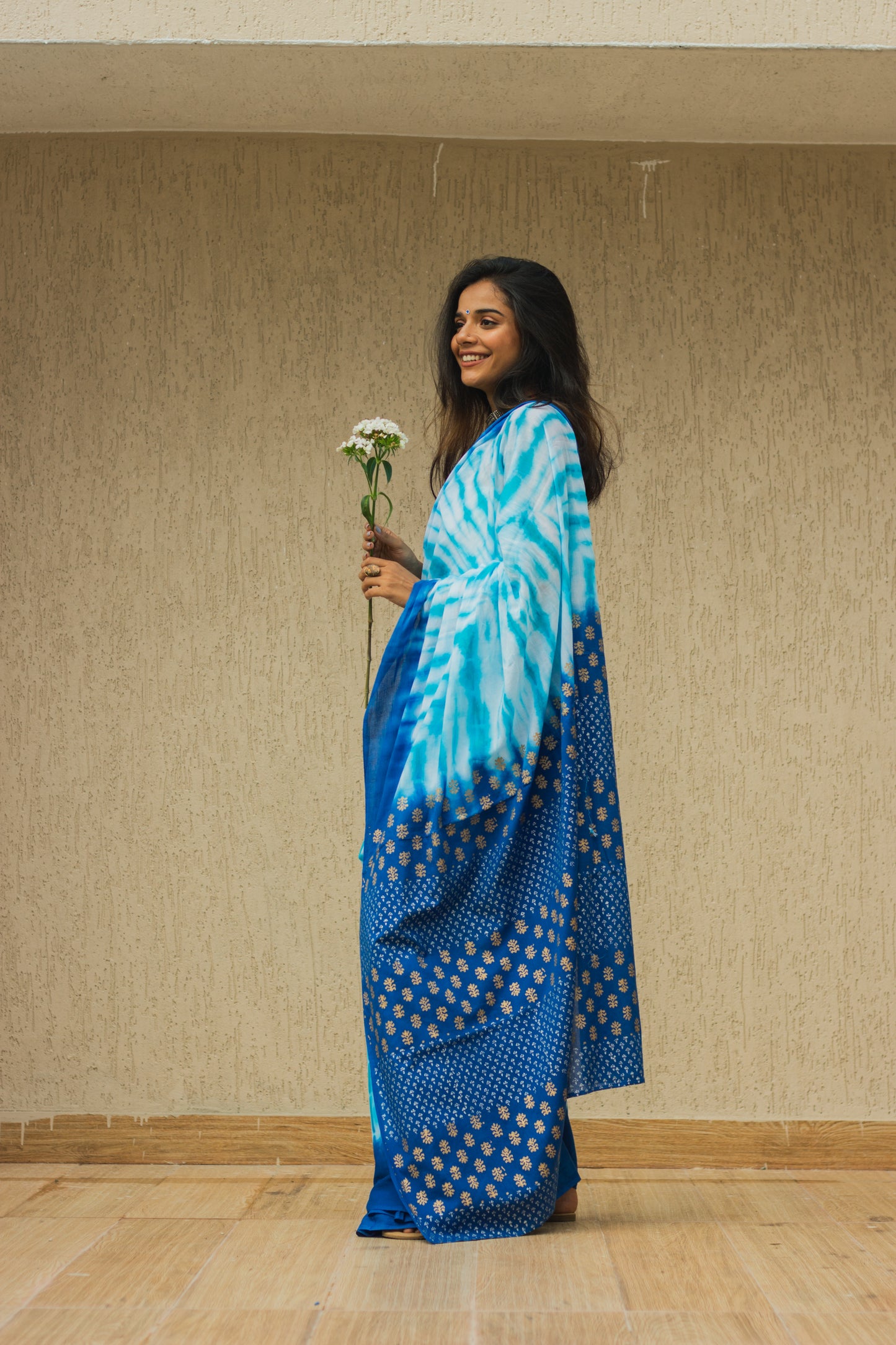 Mul Cotton Tie Dye Hand Block Printed Saree • Ocean Waves