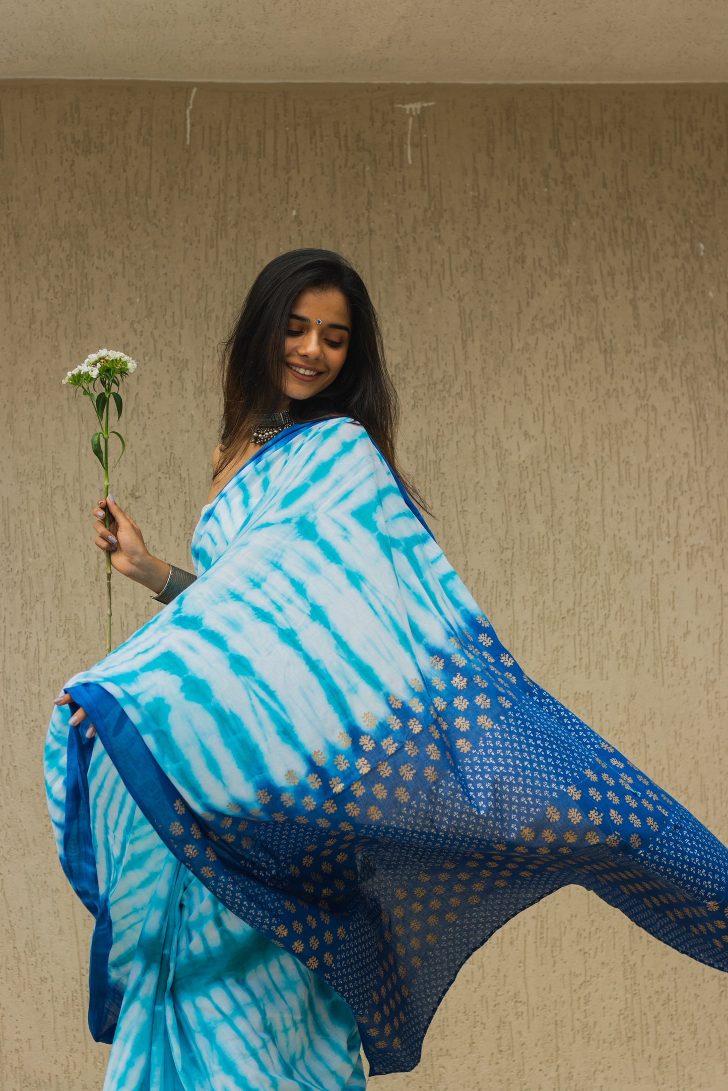 Mul Cotton Tie Dye Hand Block Printed Saree • Ocean Waves