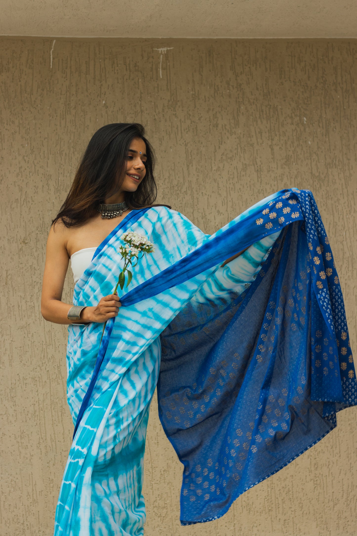 Mul Cotton Tie Dye Hand Block Printed Saree • Ocean Waves