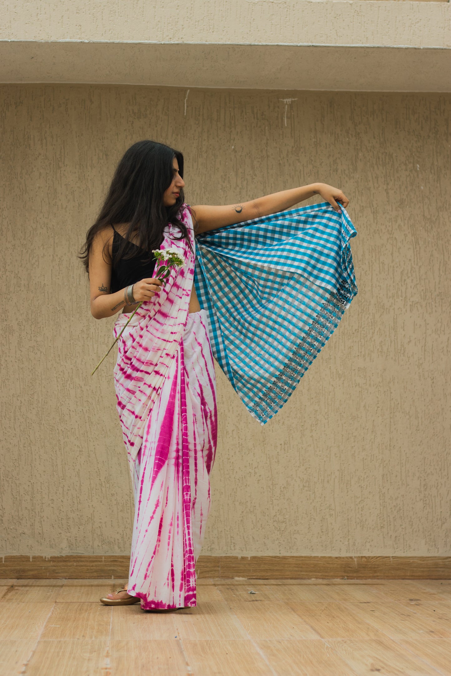Mul Cotton Tie Dye Hand Block Printed Saree • Shaded Orchids