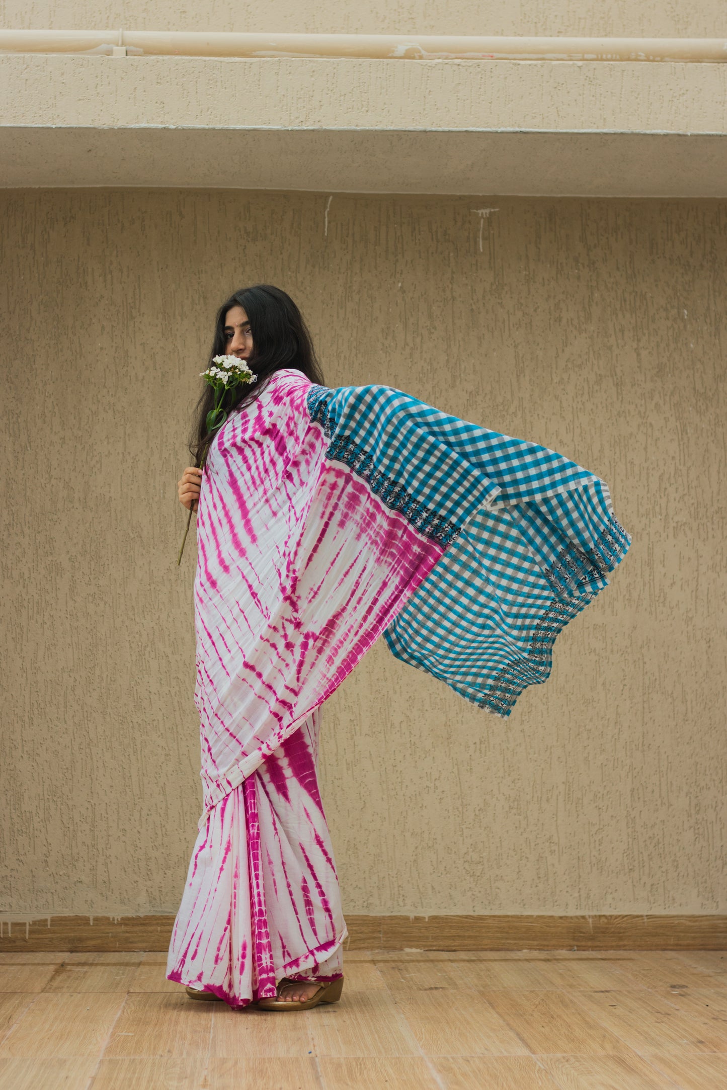 Mul Cotton Tie Dye Hand Block Printed Saree • Shaded Orchids