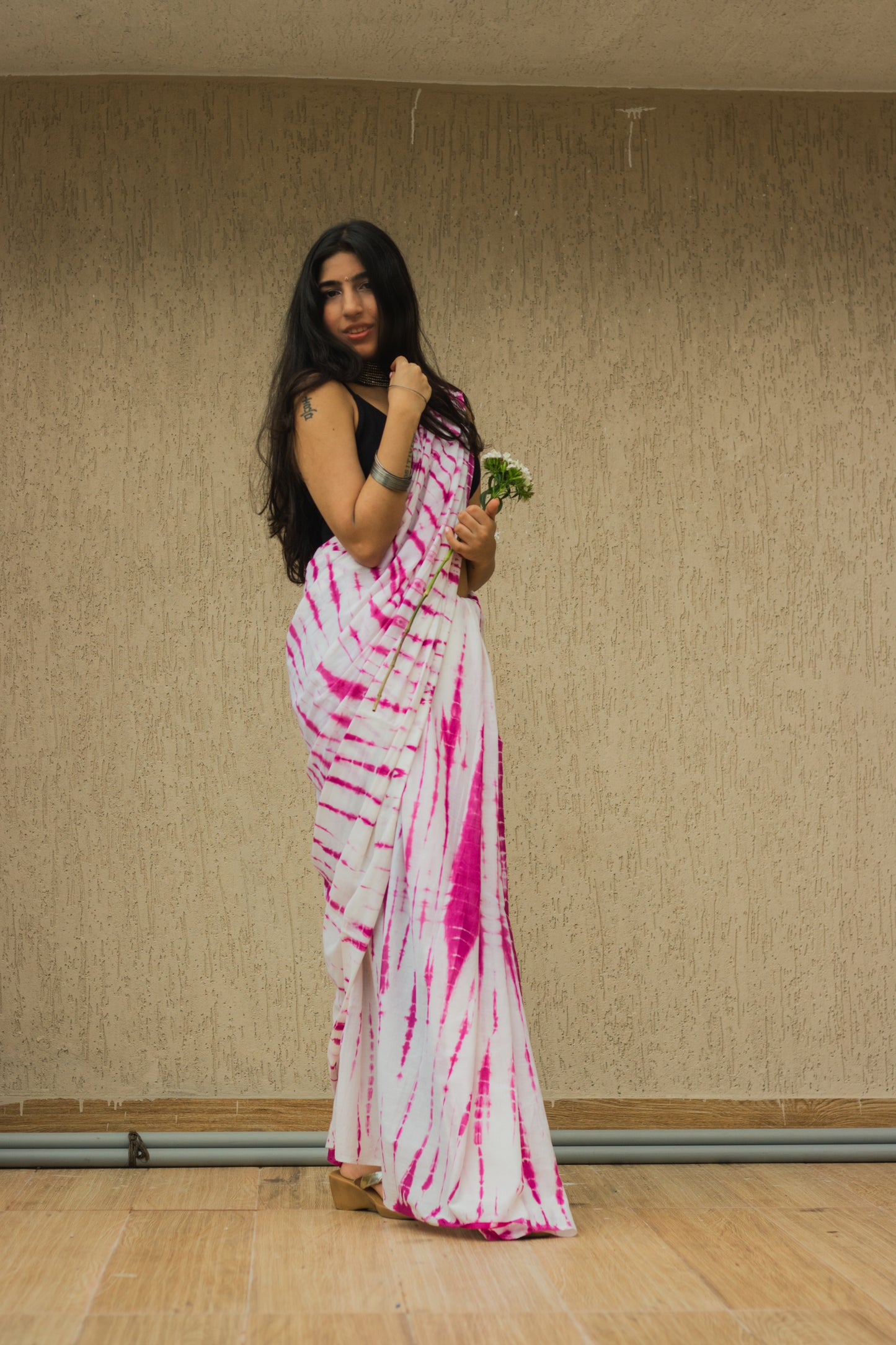 Mul Cotton Tie Dye Hand Block Printed Saree • Shaded Orchids