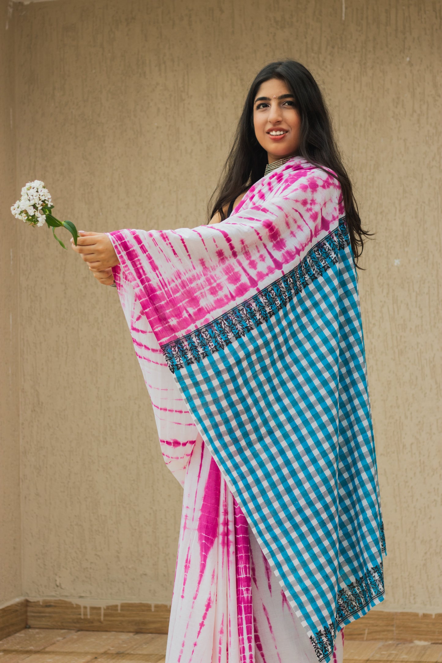 Mul Cotton Tie Dye Hand Block Printed Saree • Shaded Orchids