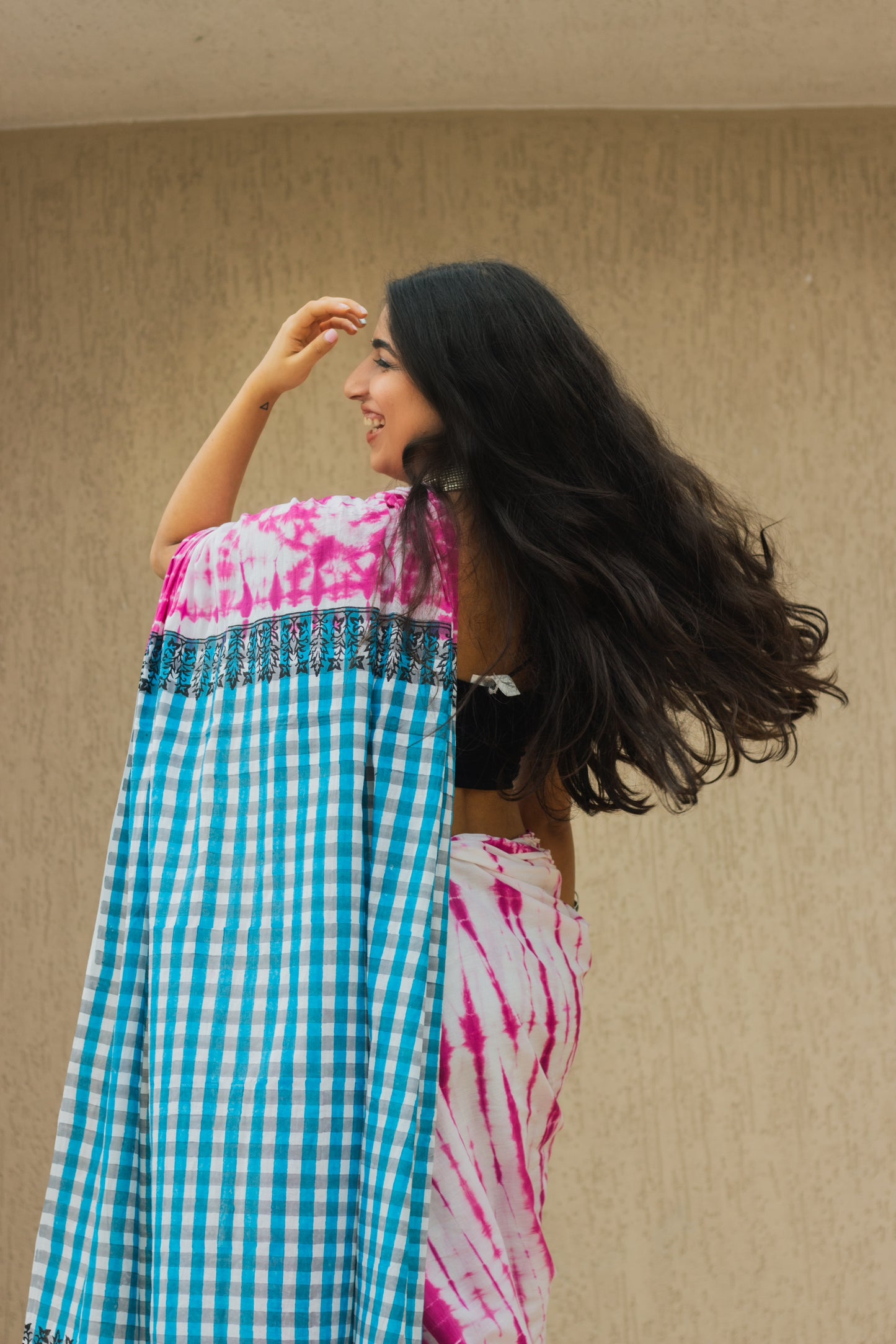 Mul Cotton Tie Dye Hand Block Printed Saree • Shaded Orchids