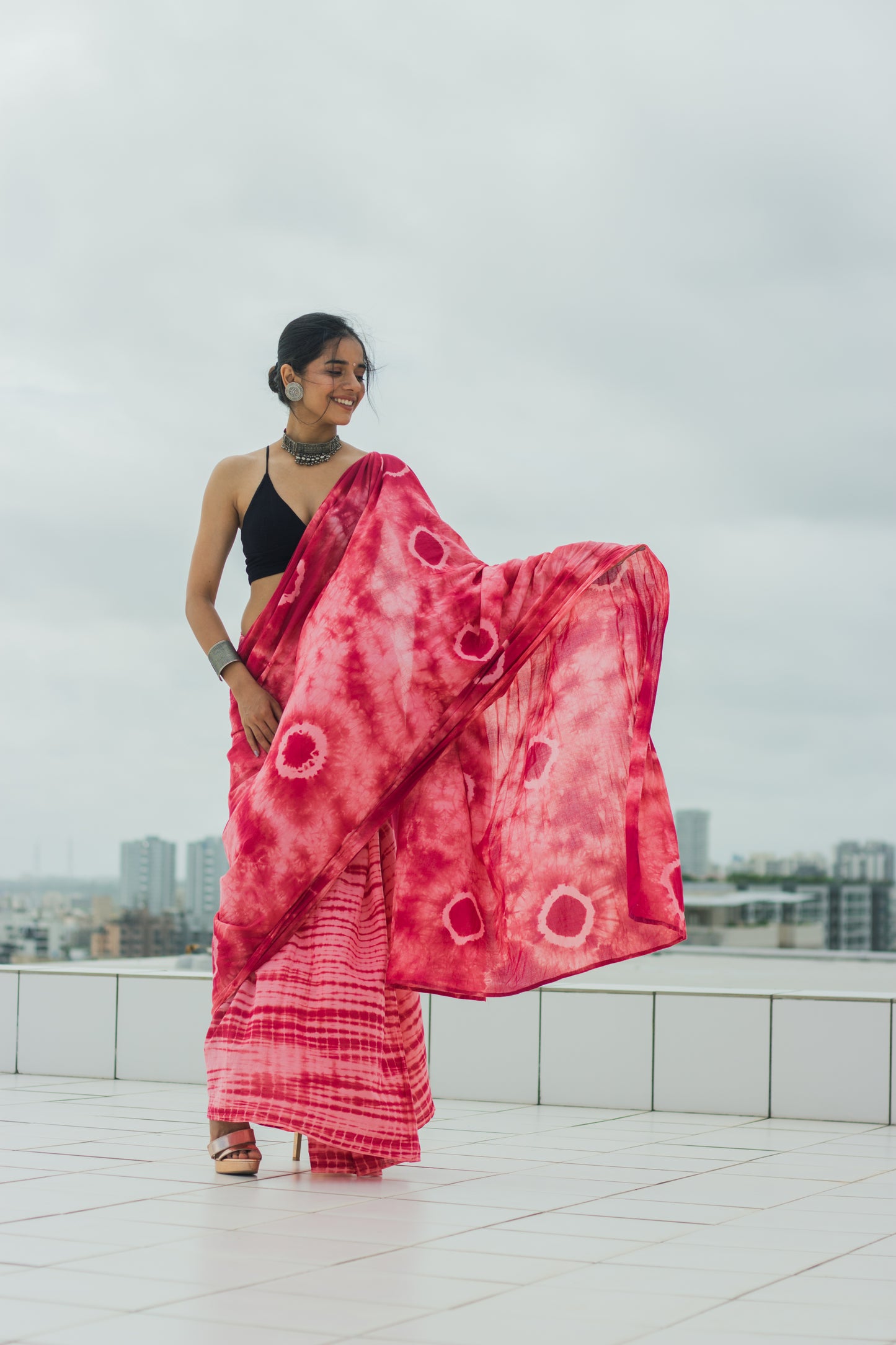 Mul Cotton Tie Dye Hand Block Printed Saree • Wine Magic