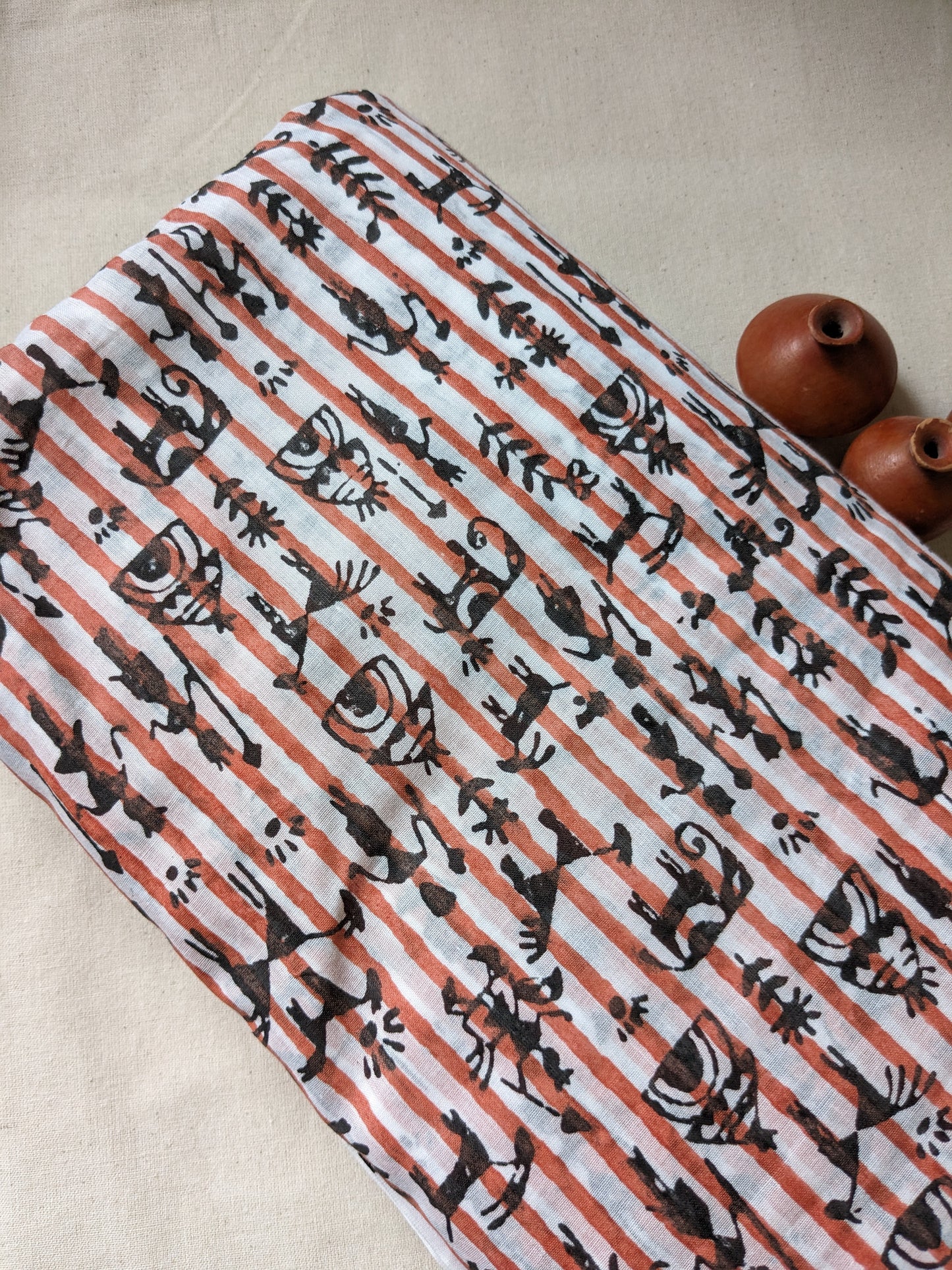 Cotton Mulmul Hand Block Printed Fabrics by meter Striped Tribal