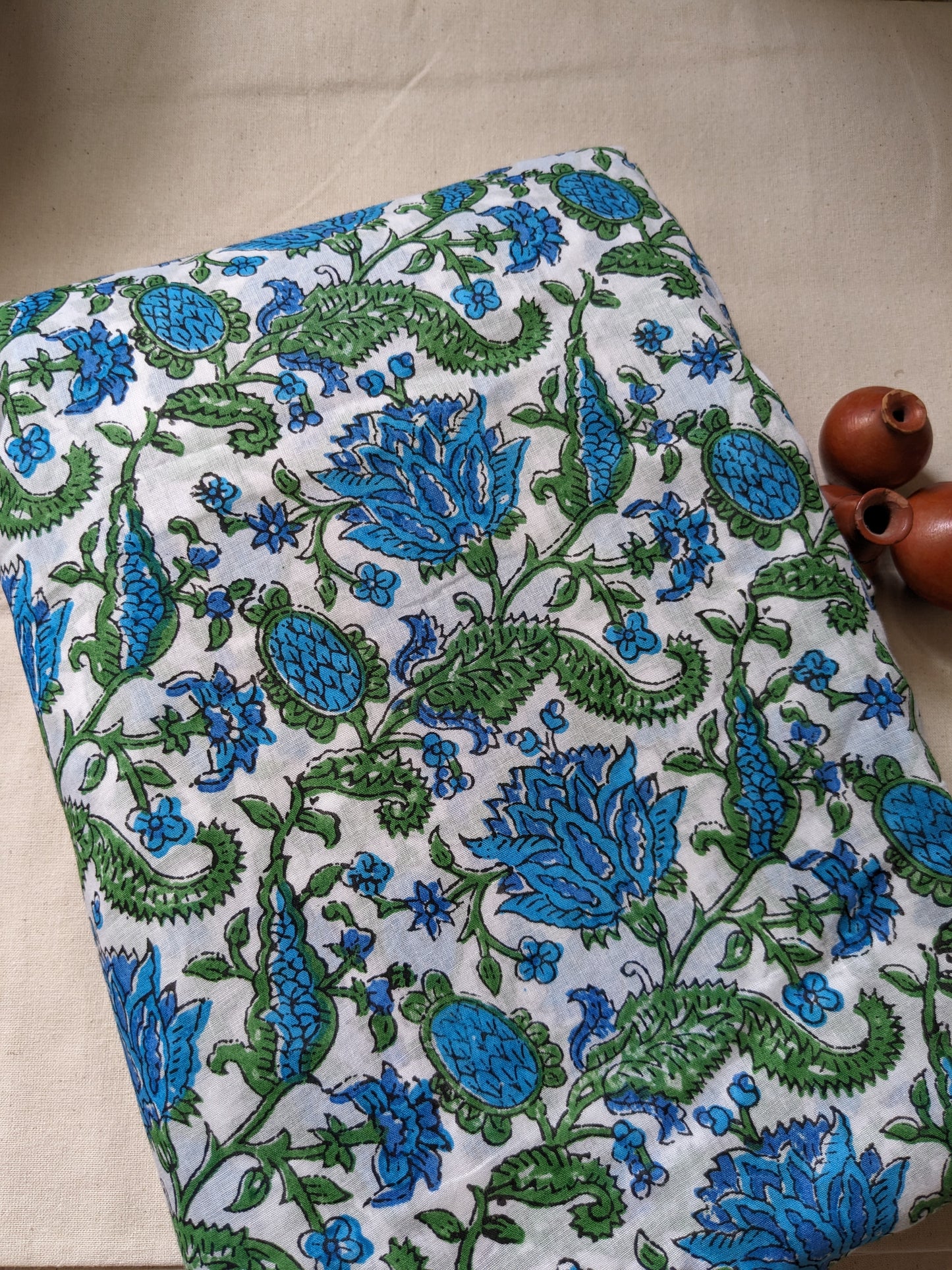 Cotton Mulmul Hand Block Printed Fabrics by meter Flora Fauna Blue Green