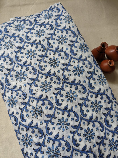 Cotton Mulmul Hand Block Printed Fabrics by meter Mughal Jaal Blue