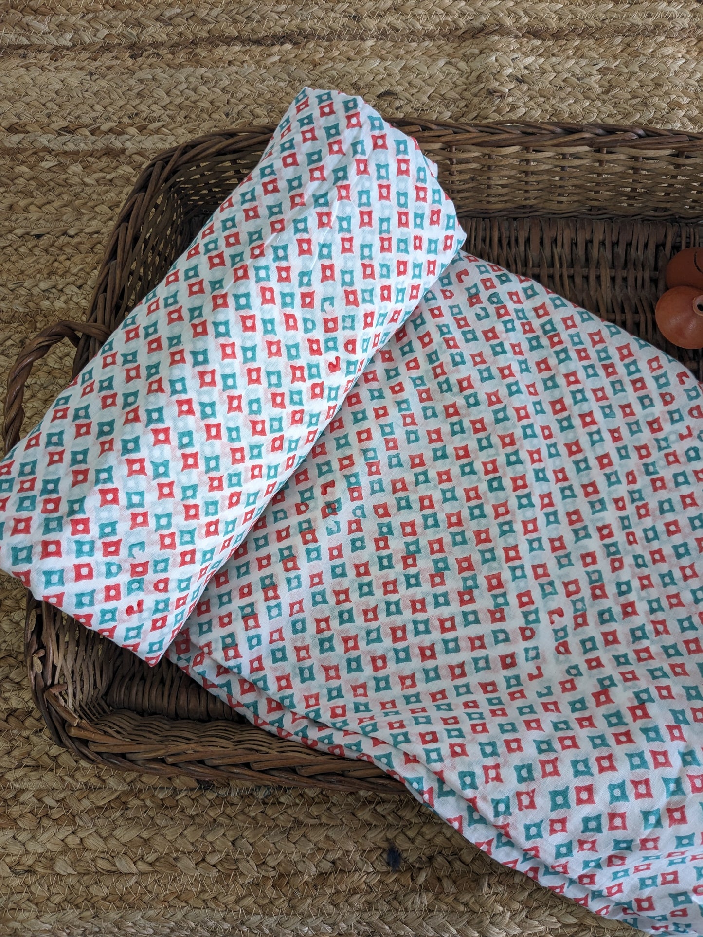 Cotton Mulmul Hand Block Printed Fabrics by meter Coral and Teal Diamonds