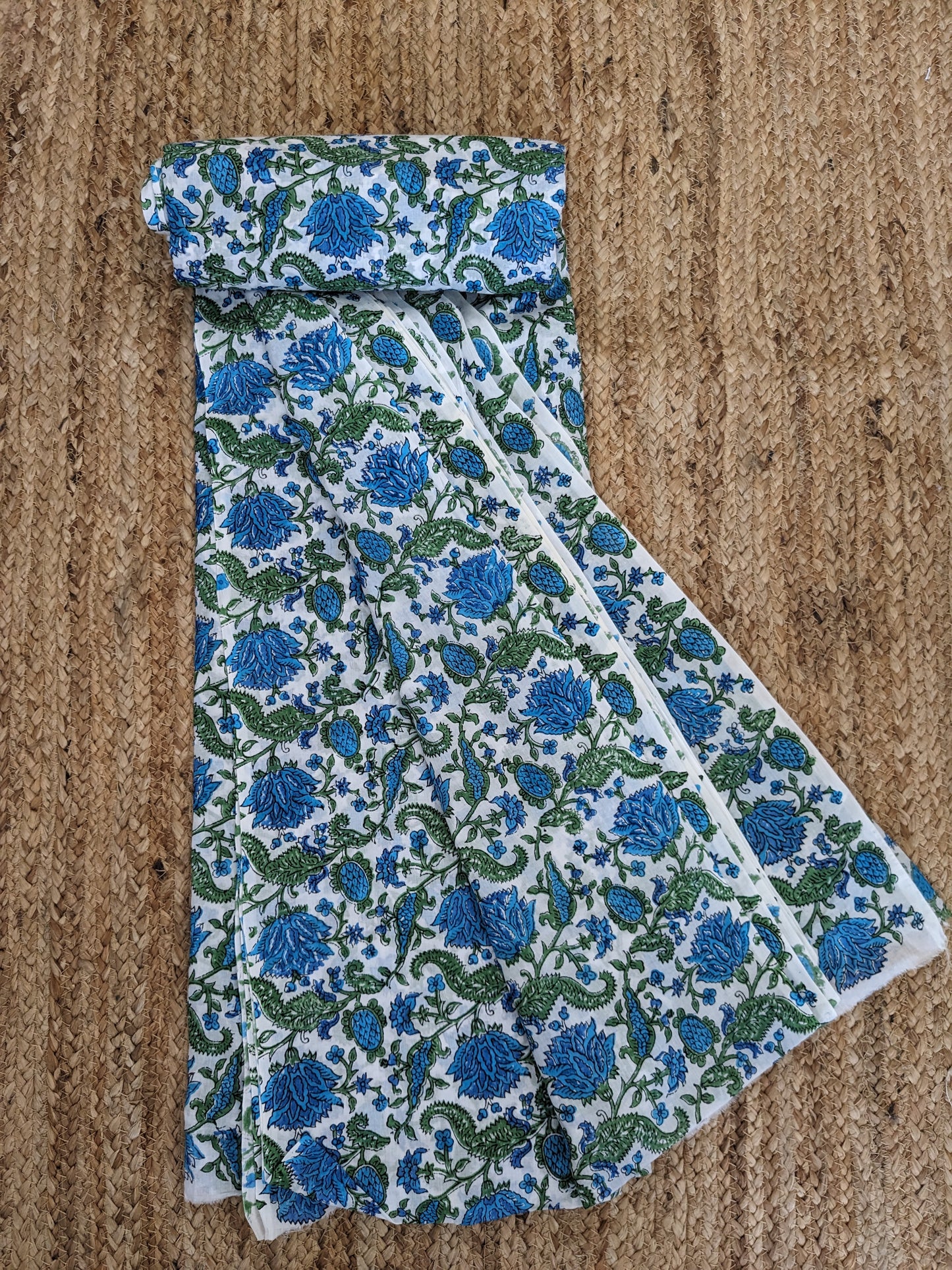 Cotton Mulmul Hand Block Printed Fabrics by meter Flora Fauna Blue Green