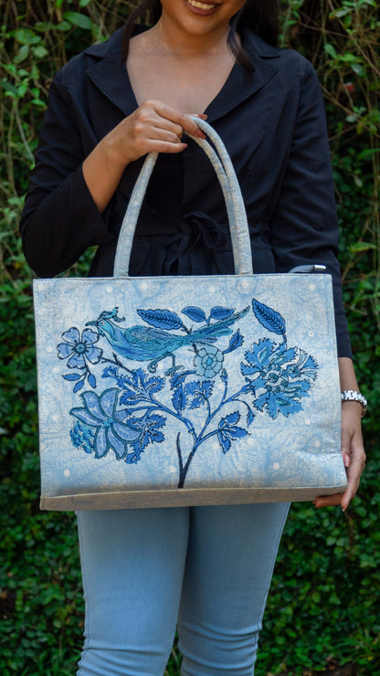 Canvas Cotton Box Tote Bag Tree of Life • Blue