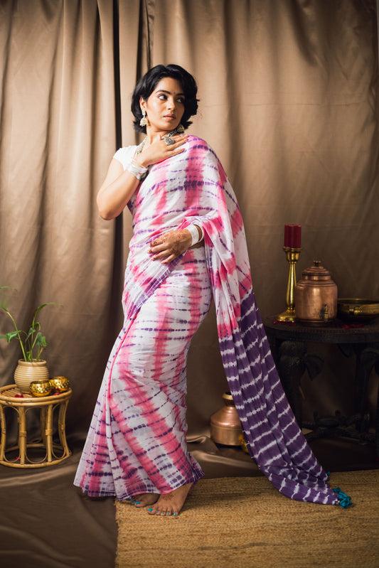 Cotton Mul Tie Dye Saree Berry Bloom