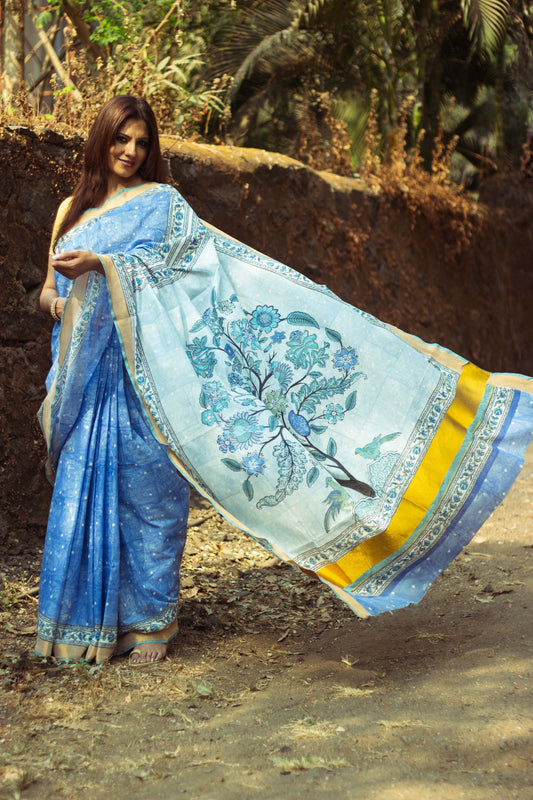 Cotton Kasavu Saree,Tree of Life Design • Blue