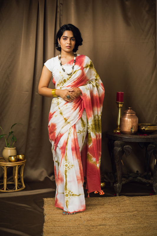 Cotton Mul Tie Dye Saree Green Earth