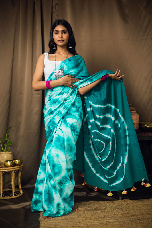 Cotton Mul Tie Dye Saree Mint Masala