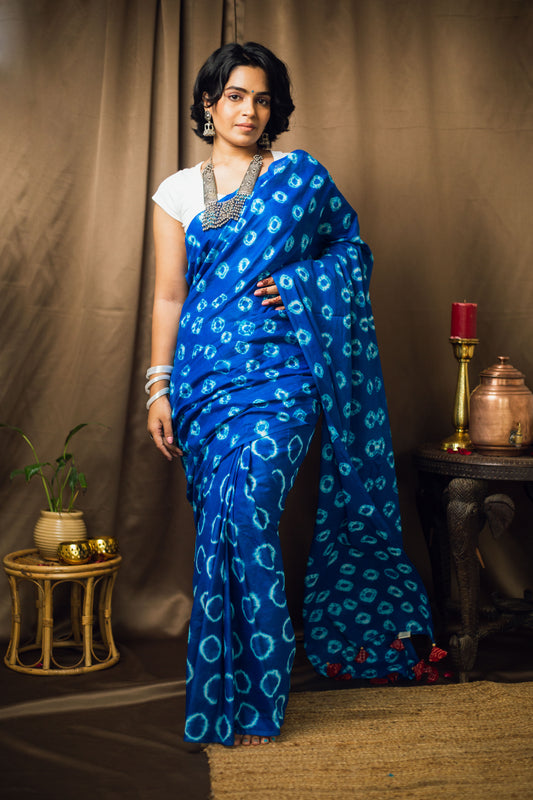 Cotton Mul Tie Dye Saree Blue Bindu