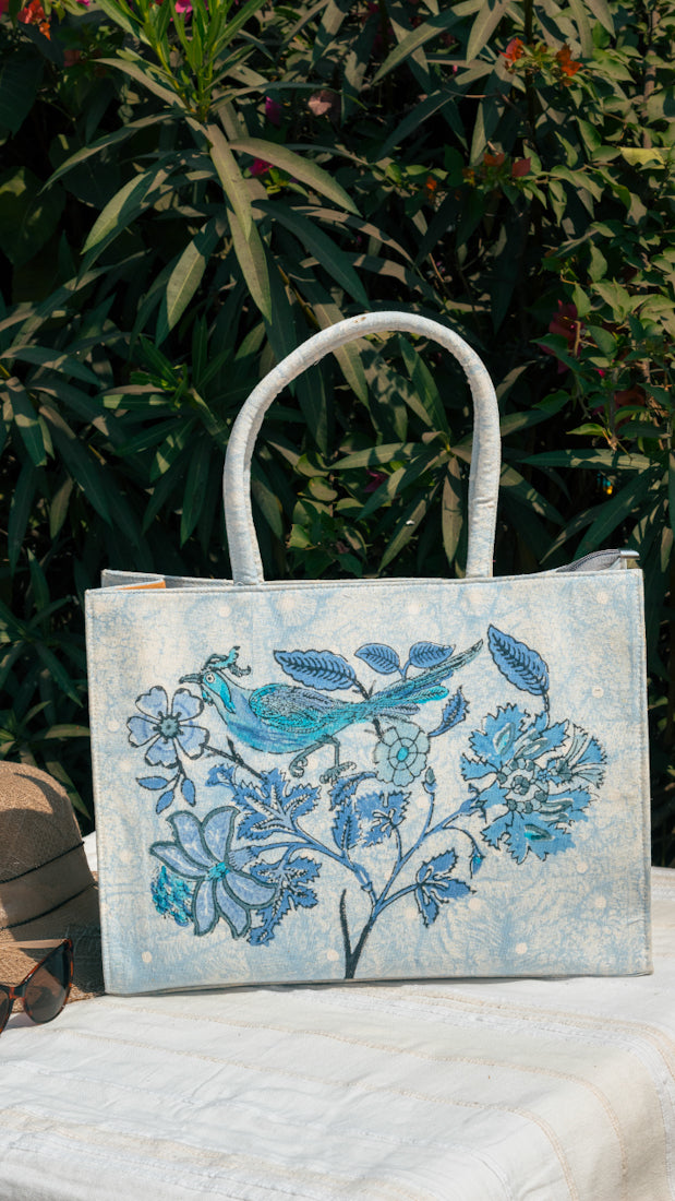 Canvas Cotton Box Tote Bag Tree of Life • Blue