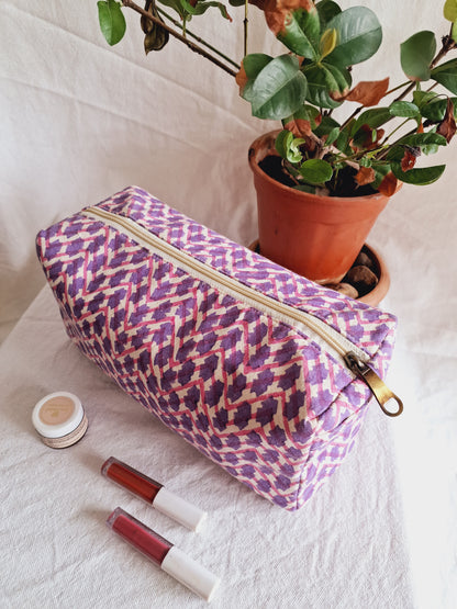 Cotton Hand Printed travel pouch • Chevron Pink