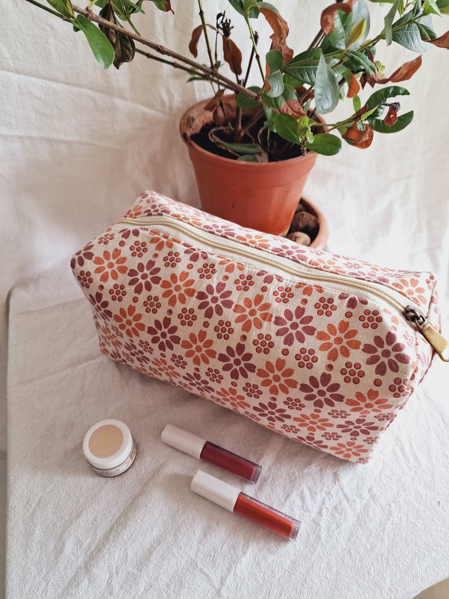 Cotton Hand Printed travel pouch • Pastel flowers