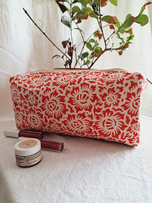 Cotton Hand Printed Travel Pouch • Floral Fun Red