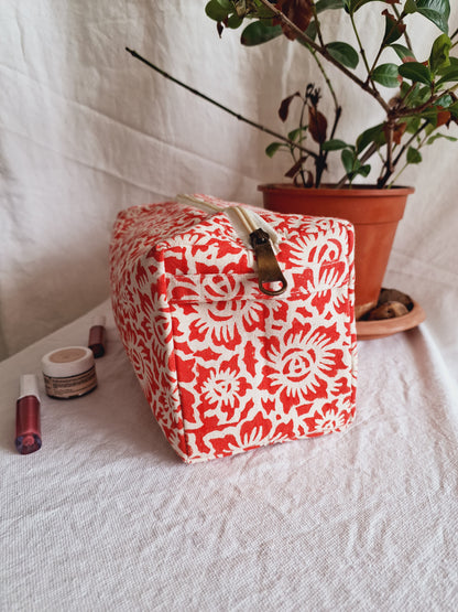 Cotton Hand Printed Travel Pouch • Floral Fun Red