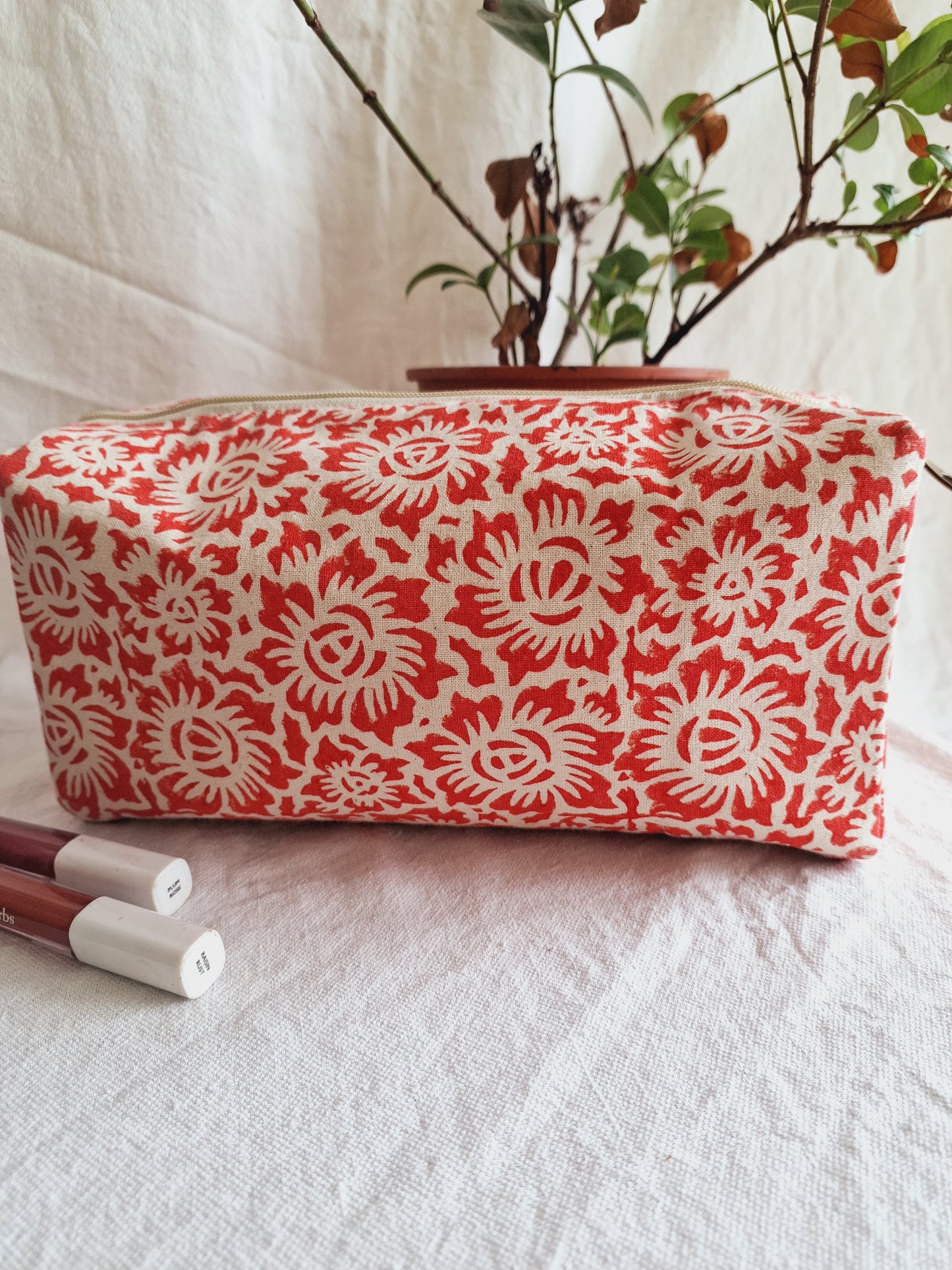 Cotton Hand Printed Travel Pouch • Floral Fun Red