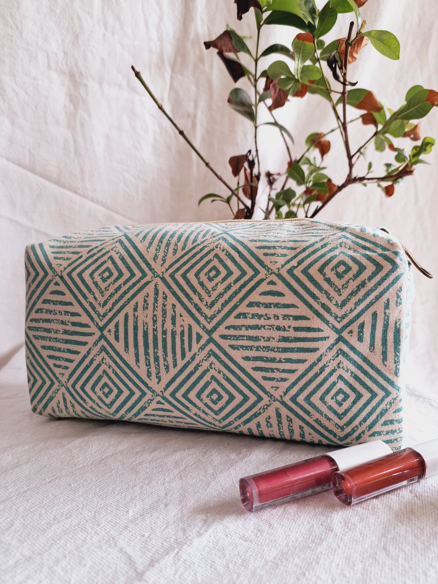 Cotton Hand Printed travel pouch • Diamond teal