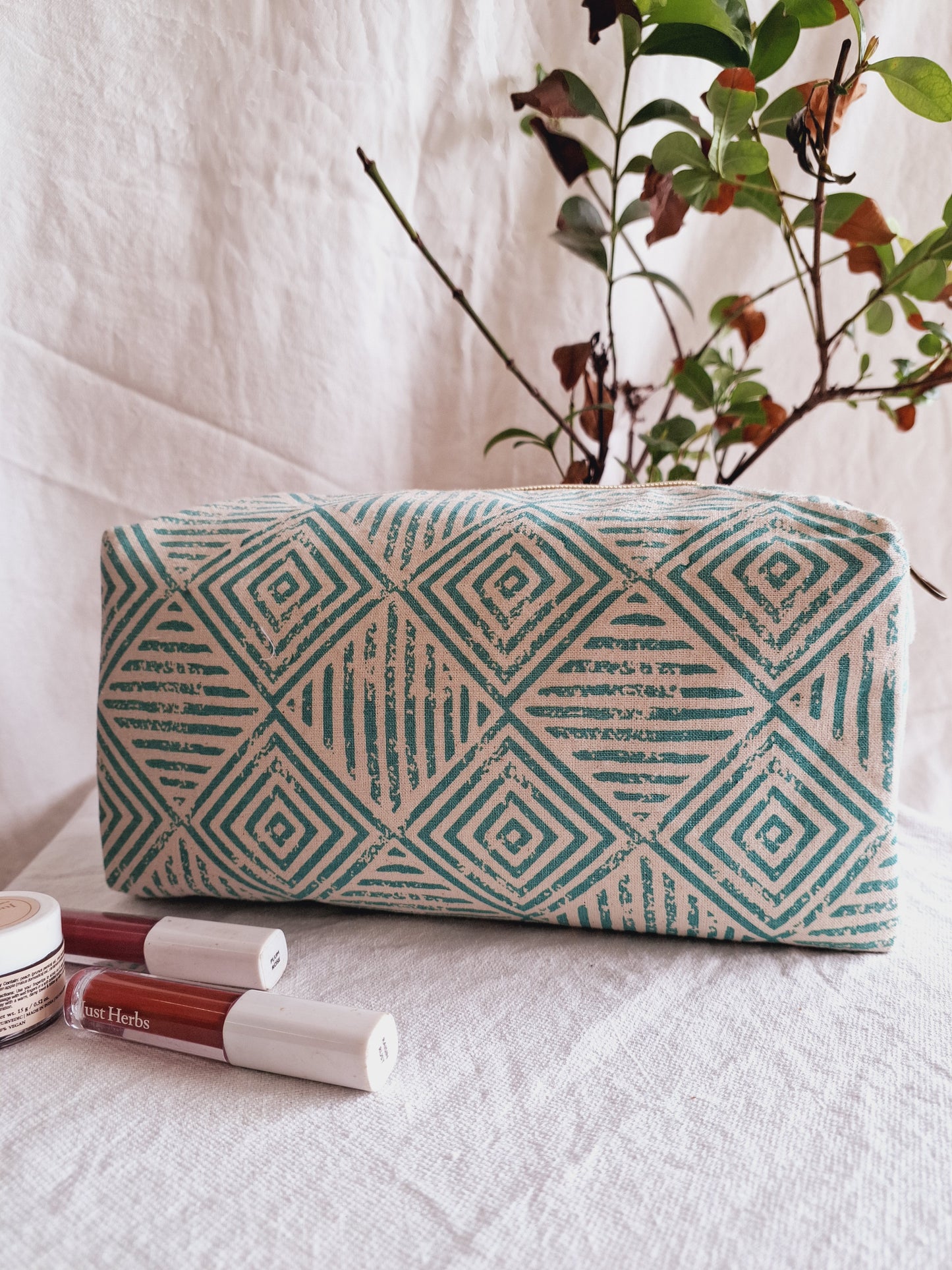 Cotton Hand Printed travel pouch • Diamond teal