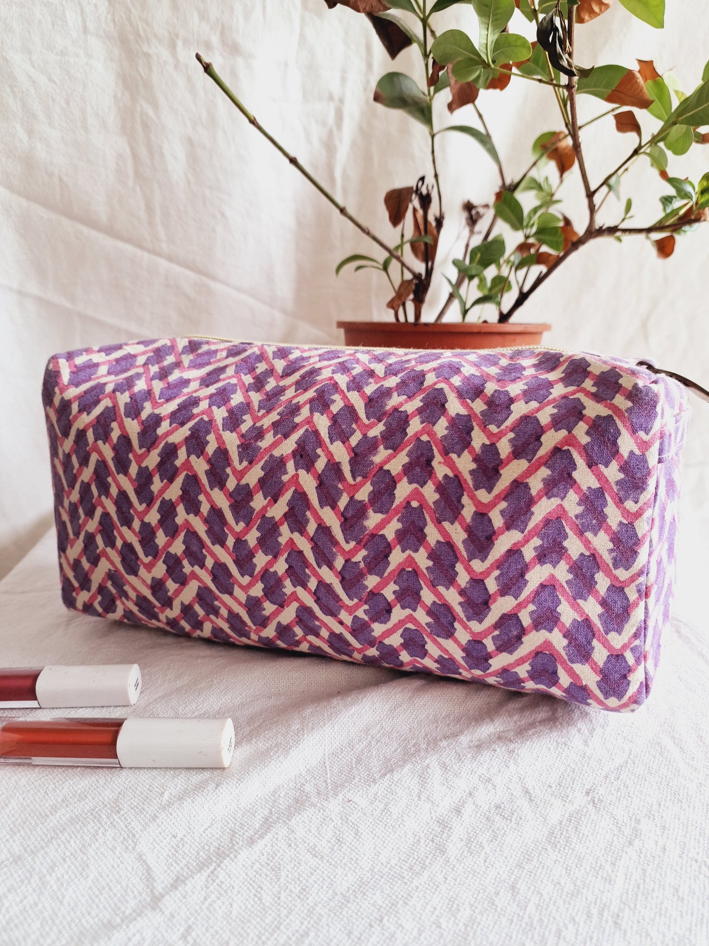 Cotton Hand Printed travel pouch • Chevron Pink