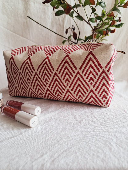 Cotton Hand Printed Travel Pouch • Geometric Red