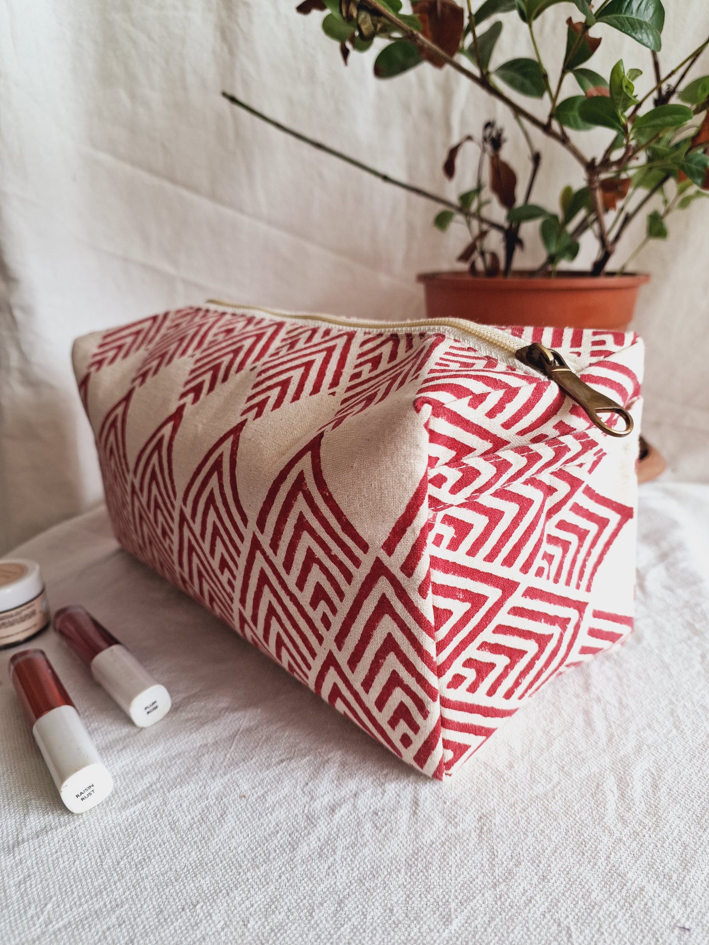 Cotton Hand Printed Travel Pouch • Geometric Red