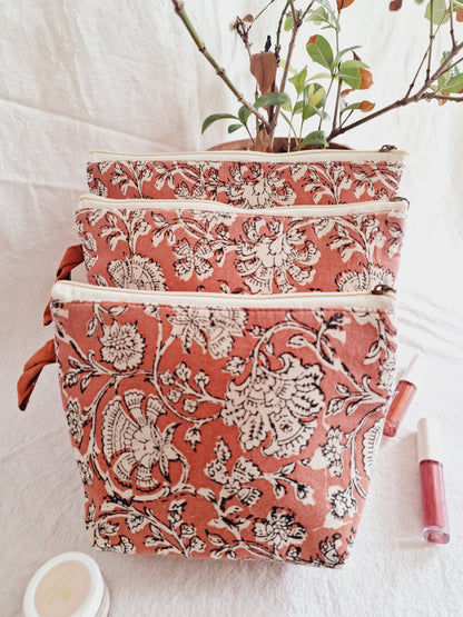Cotton Hand Printed Utility Pouches · Jaipuri Peach · Set Of 3