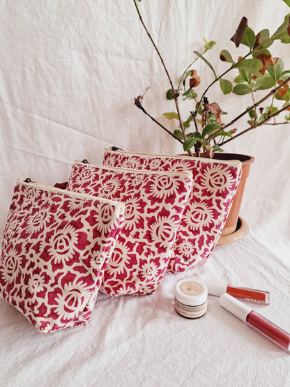 Cotton Hand Printed Utility Pouches · Floral Fun Pink · Set Of 3