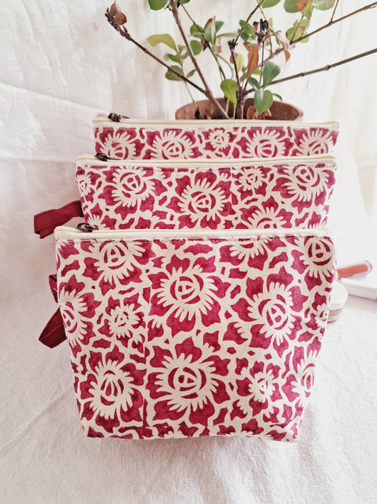 Cotton Hand Printed Utility Pouches · Floral Fun Pink · Set Of 3