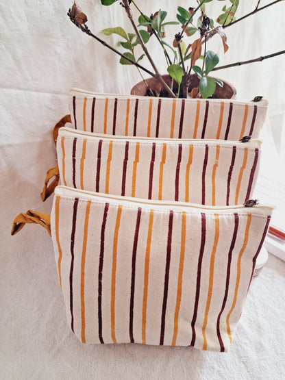 Cotton Hand Printed Utility Pouches · Rust and Mustard Stripes · Set Of 3