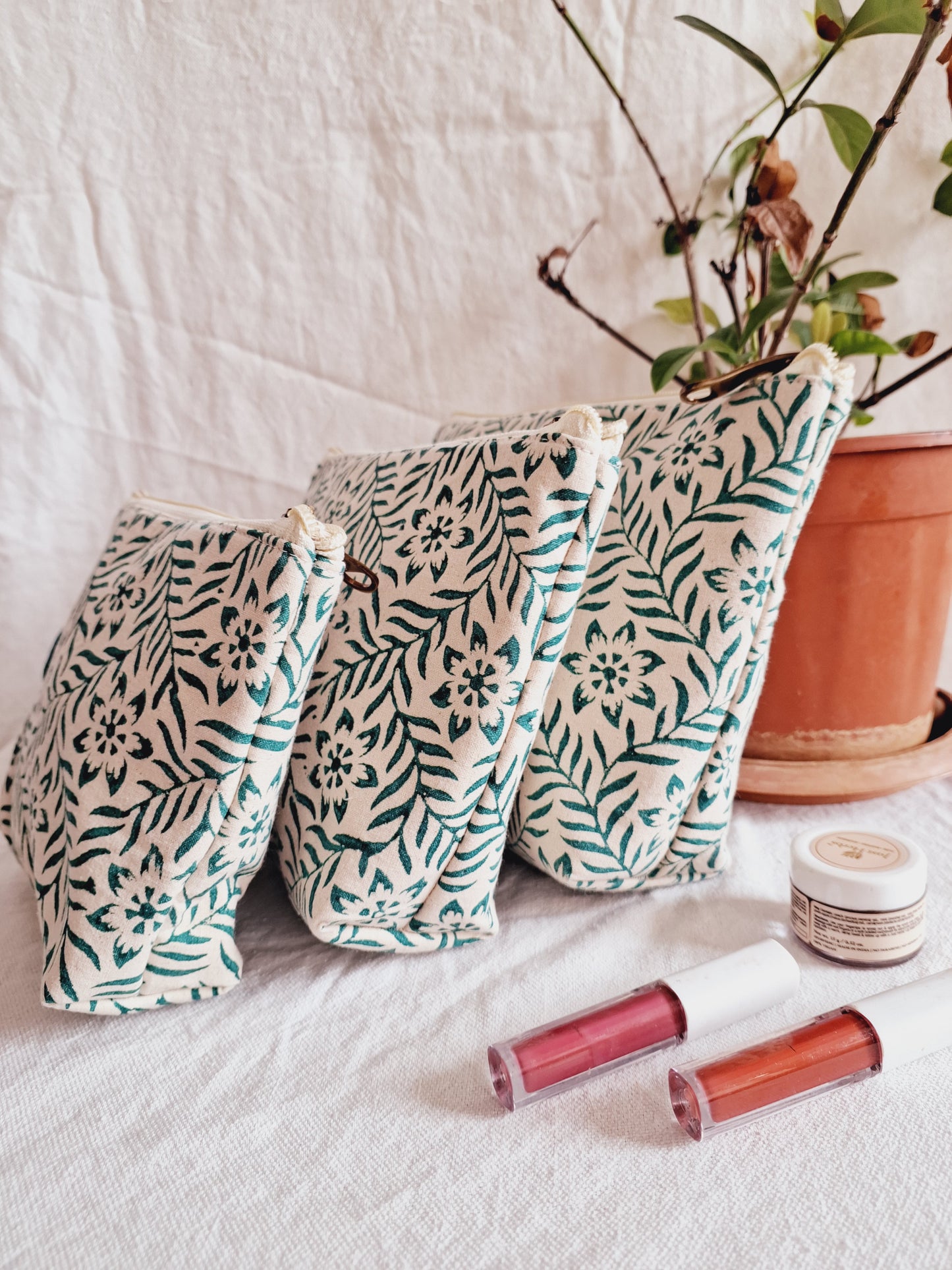 Cotton Hand Printed Utility Pouches · Floral Jaal Green  · Set Of 3