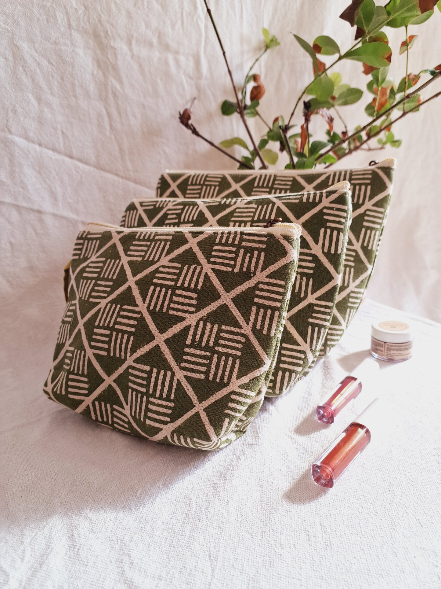 Cotton Hand Printed Utility Pouches · Olive Bricks  · Set Of 3