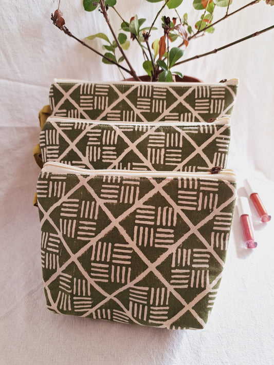 Cotton Hand Printed Utility Pouches · Olive Bricks  · Set Of 3