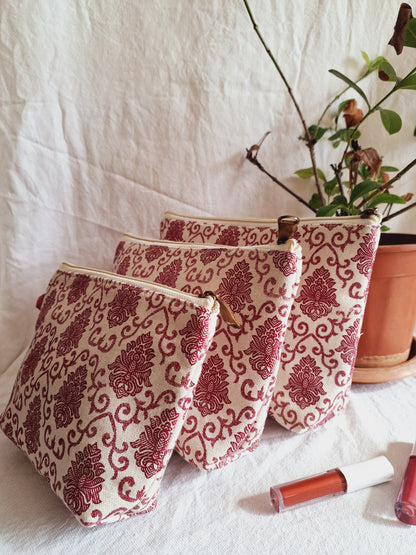 Cotton Hand Printed Utility Pouches · Mughal Motifs Maroon · Set Of 3