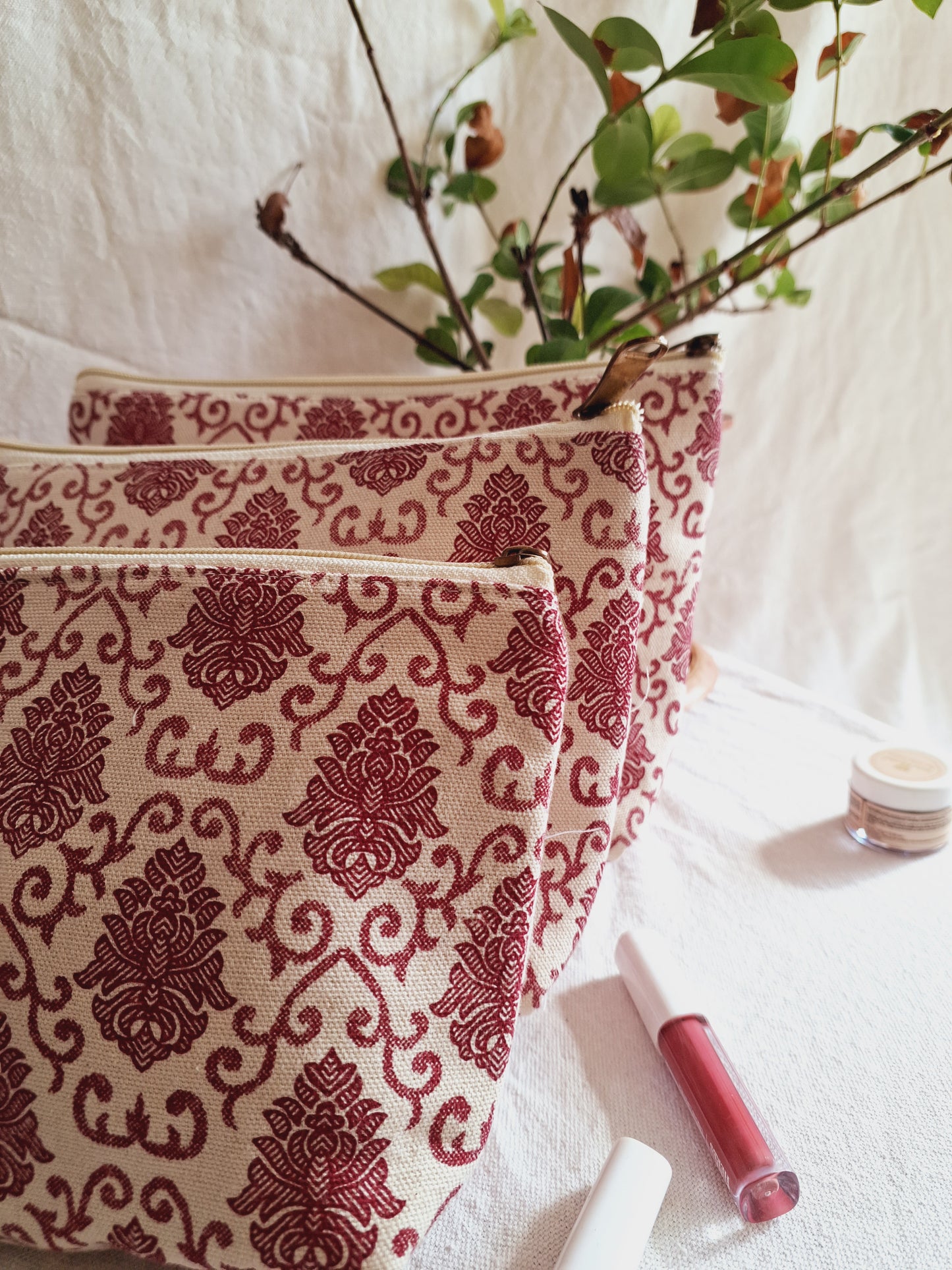Cotton Hand Printed Utility Pouches · Mughal Motifs Maroon · Set Of 3
