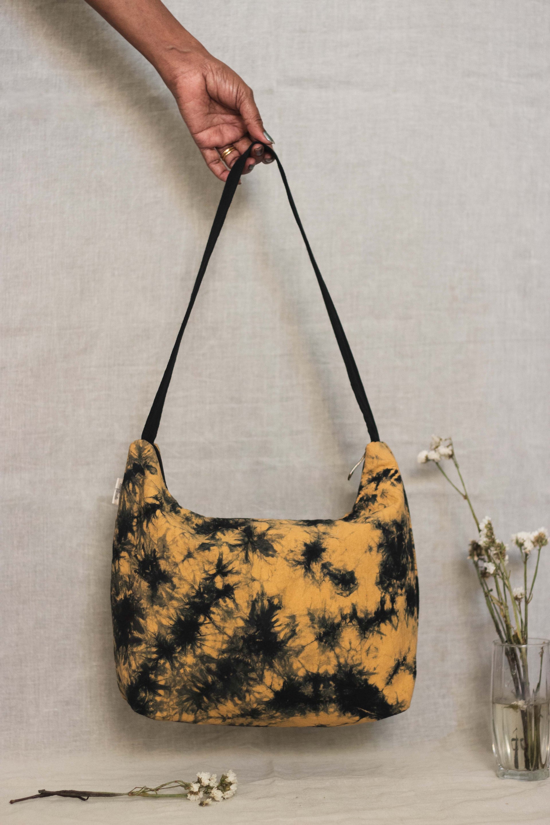 Modern Boho Hobo Chic Style Cotton Hobo Bag • Black Splash