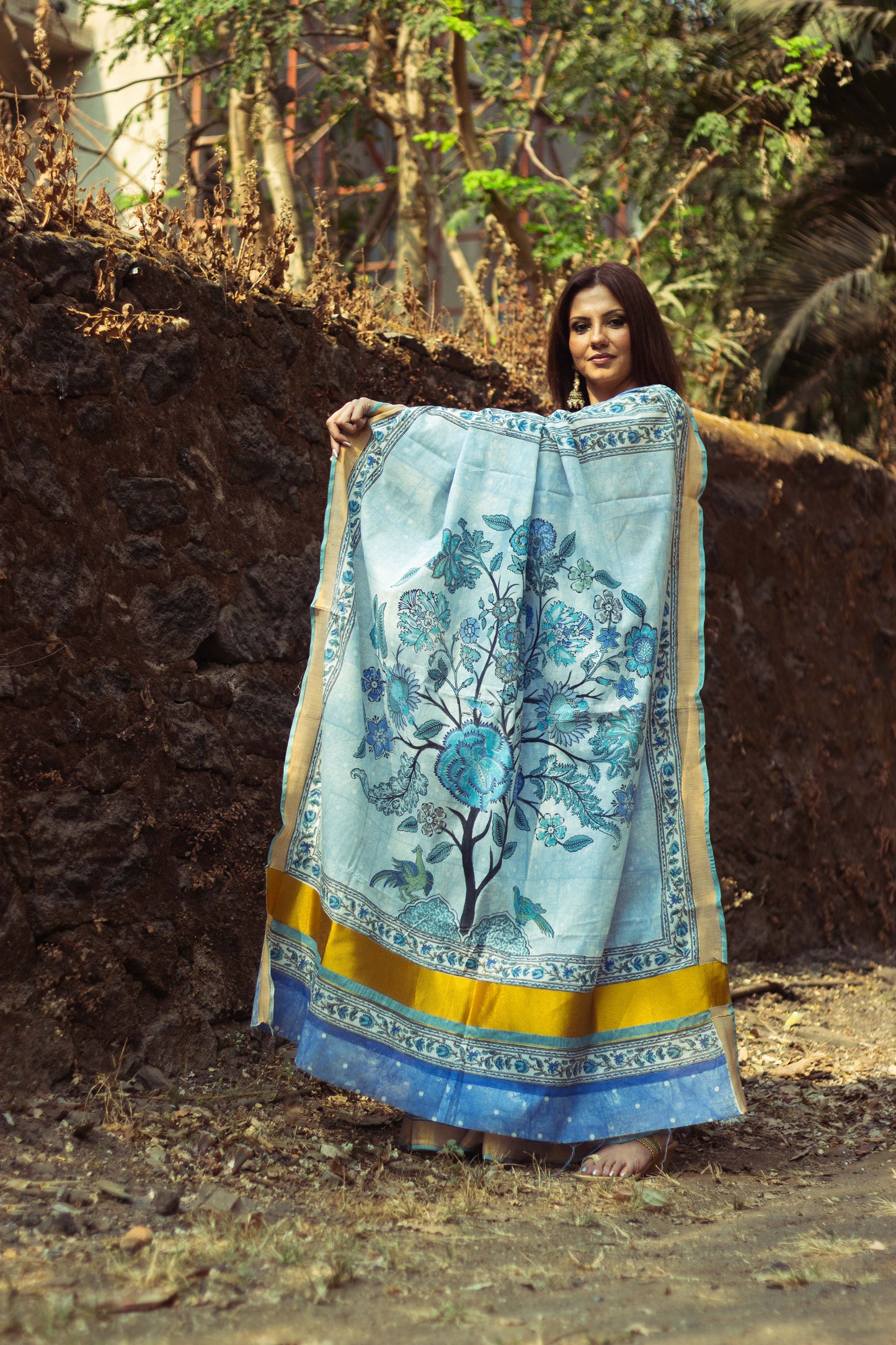 Cotton Kasavu Saree,Tree of Life Design • Blue