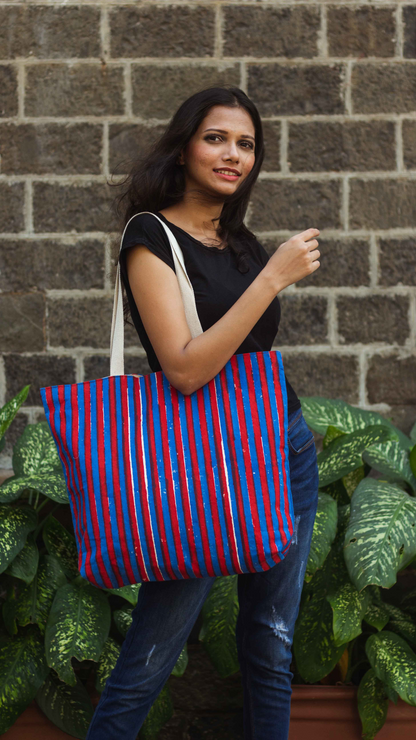 Cotton Daily Tote With Lining · Striped Red and Blue