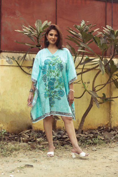 Hand Block Printed and Hand Painted Cotton Mul Kaftan · Teal Tree Of Life
