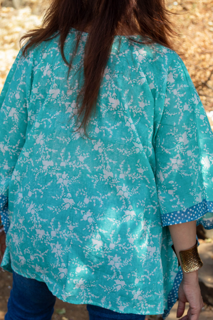 Hand Block Printed and Hand Painted Cotton Mul Kaftan · Teal Jaal