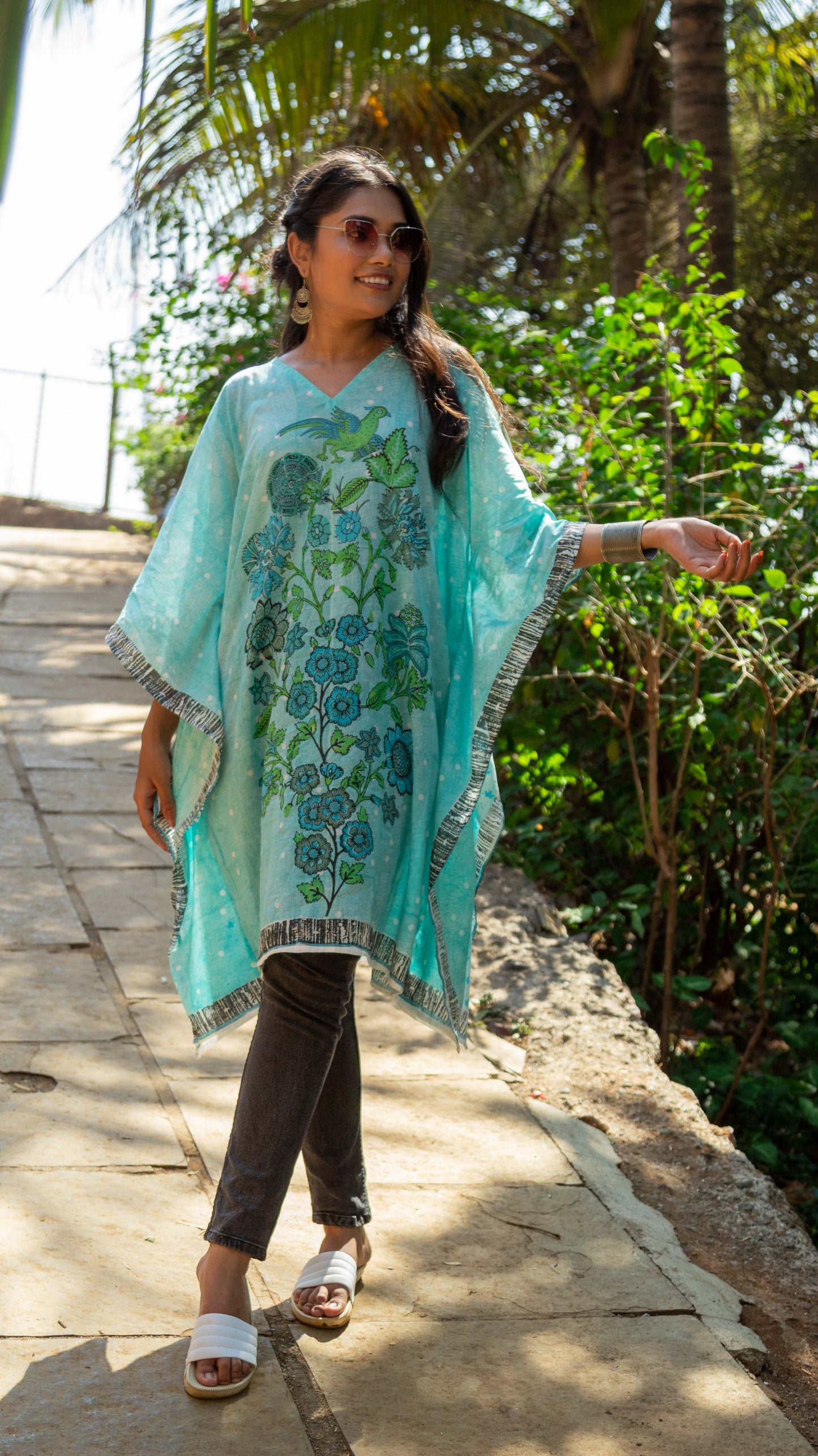 Hand Block Printed and Hand Painted Cotton Mul Kaftan · Teal Tree Of Life